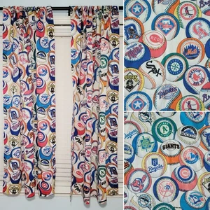 VTG MLB Curtain Panels 1994 Baseball Team Ball Logo Print Bibb Company Pair Set - Picture 1 of 6