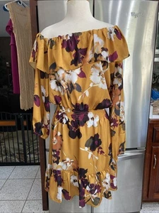 NEW Boston Proper Mini Dress XXS Floral YELLOW MUSTARD OFF THE SHOULDER Run Big - Picture 1 of 10