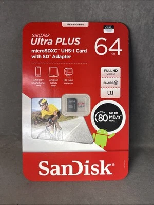 SANDISK ULTRA PLUS MICROSDXC UHS-I CARD W/ADAPTER 64GB NEW SEALED - Image 1 of 2