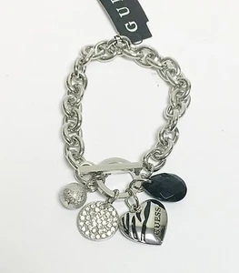 NEW GUESS SILVER TONE,CRYSTAL HEART,CHAIN LINK,BALL,BLACK GEM,CHARM BRACELET - Picture 1 of 3