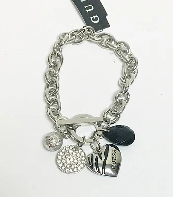 Nuovo Guess Color Argento, Cristallo Cuore, Catena, Sfera, Nero Gemma, Bracciale - Immagine 1 di 3