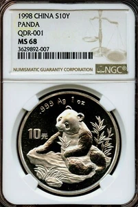 China 1998 Silver Panda, Rare Large Date with quaduple die QDR-001 NGC MS68 - Picture 1 of 2