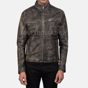 Mens Biker Vintage Motorcycle Cafe Racer Retro Distressed Leather Jacket - Imagen 1 de 5
