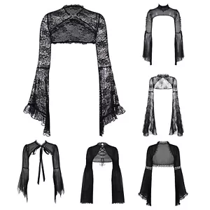 Women Cardigan Music Crop Top Ruffled Tops Long Bell Sleeve Shawl See Through - Picture 1 of 53