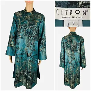 Citron Santa Monica Small Silk Metallic Asian Kimono Tunic Green Golden Rare - Picture 1 of 13