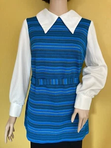Ladies' Vintage Polyester 1970's Mock White Blouse/Blue Striped Tunic with Tie - Picture 1 of 9