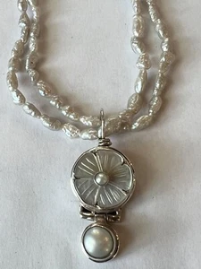 Vintage Mother Of Pearl Sterling Flower Pendant On Double Strand FWP 20-23.5” - Picture 1 of 6