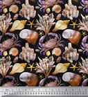 Soimoi Black Cotton Poplin Fabric Crab|Shell & Coral Ocean Printed-qPD