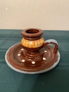 Royal Ames Hand Painted Brown Blue Stripe & White Polka Dot Chamberstick Italy - Picture 1 of 5