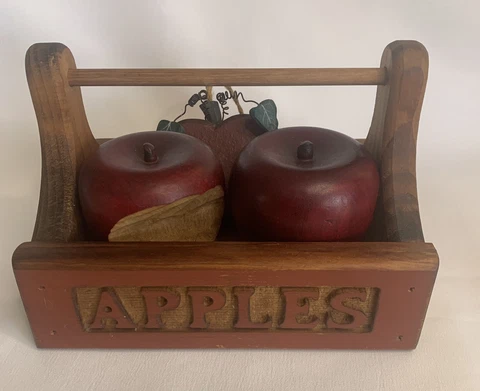 Vintage Handmade Country Farmhouse Wooden Apple Box Crate W/3 Wooden Apples Cover