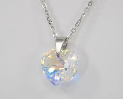 Sterling Silver Women Necklace Made With Swarovski Crystal Aurora Borealis Heart - Image 1 of 4