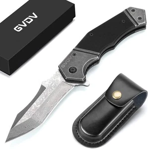 GVDV Damascus Pocket Folding Knife with G10 Handle, Spring Assisted Tactical - Picture 1 of 7