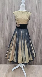Vtg'40s "RAE MAR"Mid Century Black Chiffon Biege/ Satin Dress Pinup Party - Picture 1 of 15