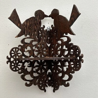 Antiguo estante de curiosidades de pared de esquina de pájaros corte pergamino chapa de roble vintage Foto 1 de 4