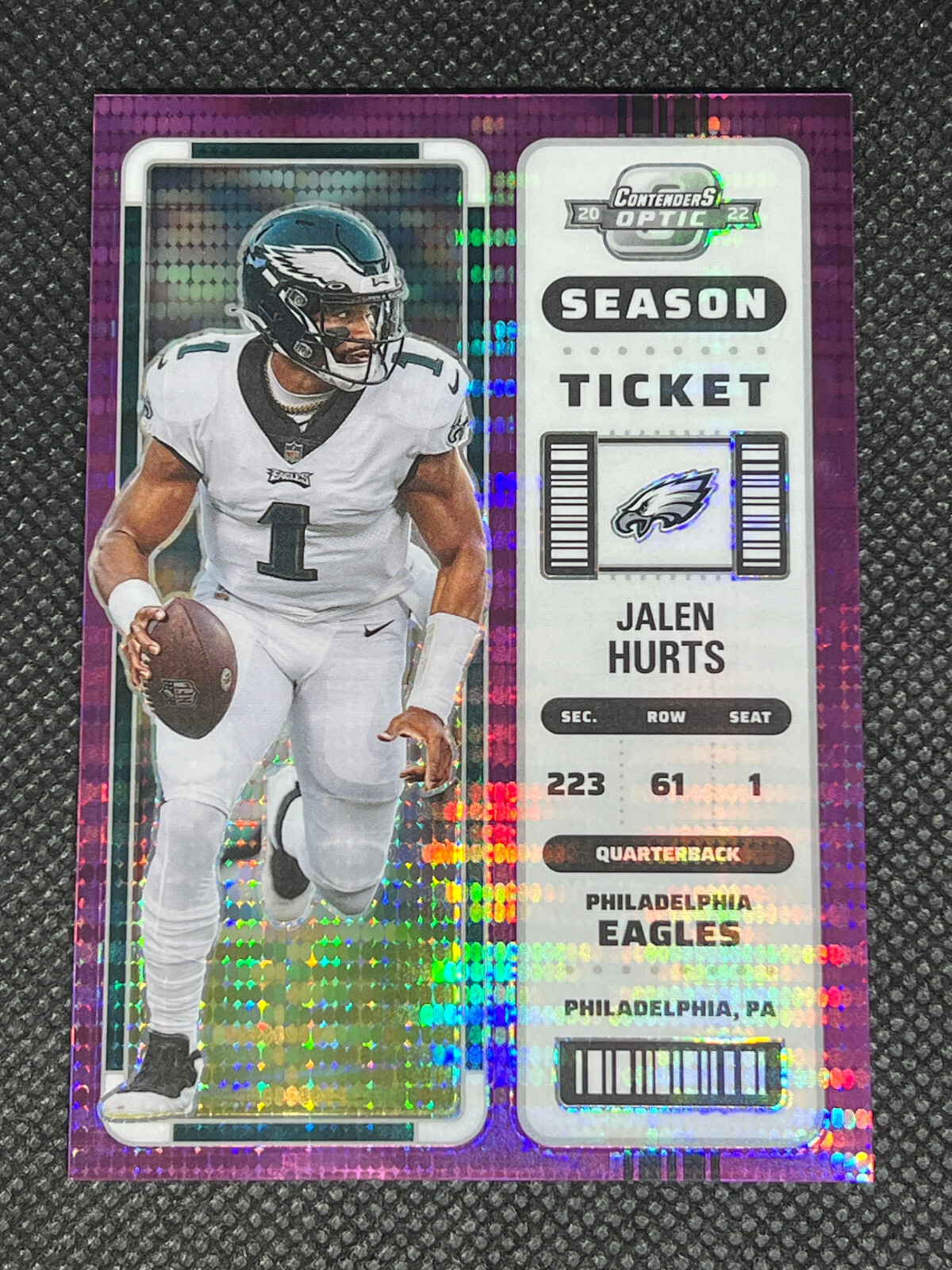 Jalen Hurts 2022 Contenders Optic Purple Pulsar Prizm 8/26 #43 Eagles