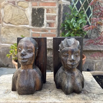 Hand Carved Wooden Bookends African Origin Female Male Bust Ebony Heavy - Image 1 of 4