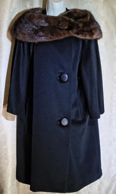 Black Cashmere Coat Mink Collar, Med. Vintage 50s 60s, Rubel & Joseph H. Superb - Image 1 of 4