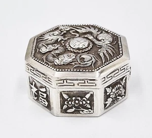 ANTIQUE CHINESE SOLID SILVER DRAGON & PEARL TRINKET BOX c1900 - Picture 1 of 5