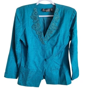 Blazer donna St. Gillian 100% seta jacquard perline taglia 12 verde acqua vintage formale - Foto 1 di 10