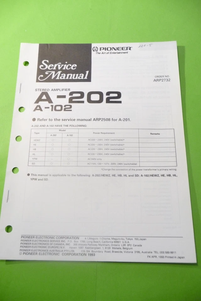 Manuale Di Servizio Per Pioneer A-202, A-102, ORIGINALE - Immagine 1 di 1
