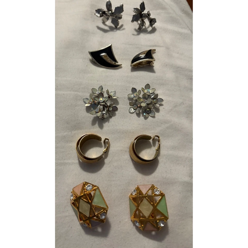 Lote de 7 Pares Pendientes Clip Vintage Floral Abstracto Dorado Tono Plata Foto 1 de 4