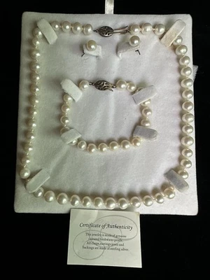 Conjunto de pendientes collar perlas cultivadas de agua dulce de 8,5-9 mm vintage sin usar Foto 1 de 4