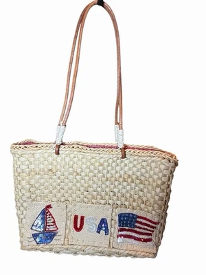 Bolso de Mano Patriótico Paja Bandera EE. UU. Lentejuelas Velero Playa Rojo Blanco Azul Verano Foto 1 de 4
