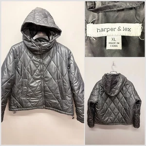 HARPER & LEX Women's Grey Quilted Cropped Hooded Jacket XL Winter Autumn - Picture 1 of 10