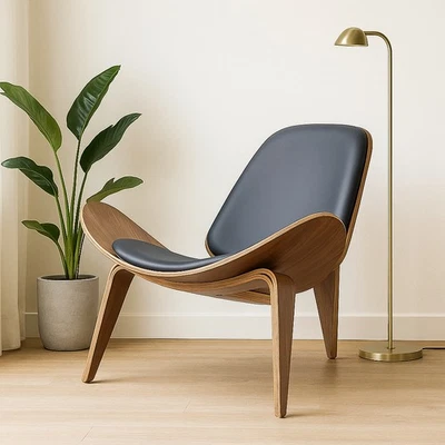 Hans Wegner Style Shell Lounge Chair Leather Solid Wood Tripod Accent Chair - Image 1 of 4