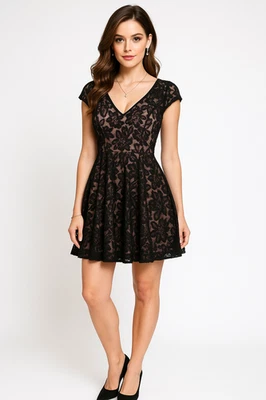 Y2K Bailey Blue Dress Womens S Black Pink Lace Overlay Fit N Flare Whimsigoth - Image 1 of 4