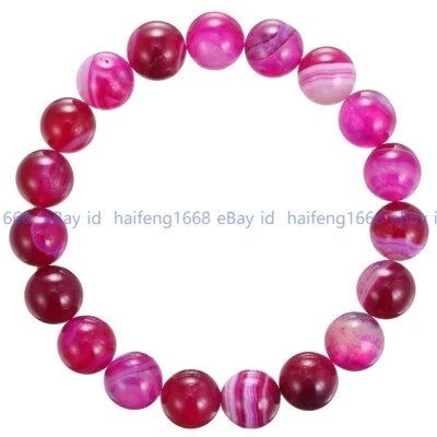Natürlich Rosa Streifen Achat Edelstein Rund Perlen Elastisch Armband 19cm - Bild 1 von 4