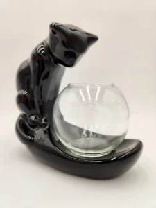 Vintage Royal Haeger Ceramic Black Cat Gazing Into Fish Bowl 7.5" Art Deco - Picture 1 of 14