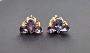 Iolite Tri-Stone Stud Earrings 10kt Solid Yellow Gold - 1.5G - Picture 1 of 5