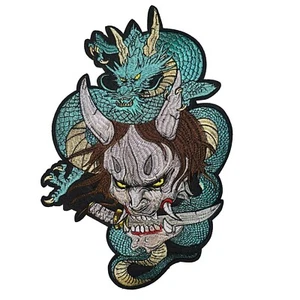 XL Demon Oni and Dragon Iron-On Applique Patch - 14x9.5 inches DIY Clothing - Picture 1 of 2