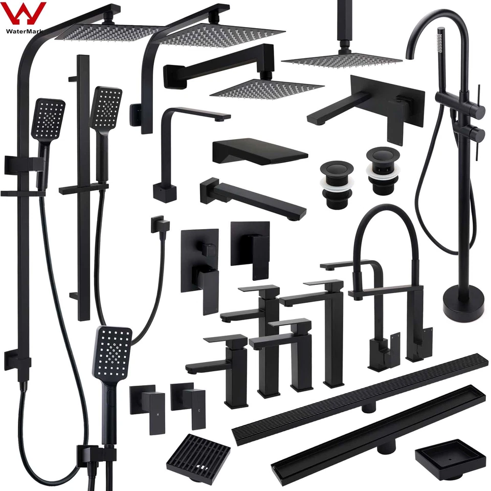 Matte Black Square Bathroom Wall Spout Basin Mixer Tap Shower Head Grate Waste - image 1 of 1
