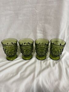Vtg Indiana Glass Avocado Green Whitehall Cubist Footed 6oz Tumbler Set of 4