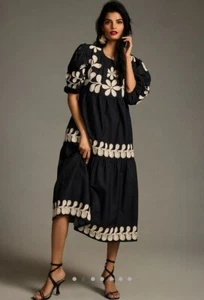 Anthropologie Embroidered Puff-Sleeve Midi Dress Black Medium NEW - Picture 1 of 5