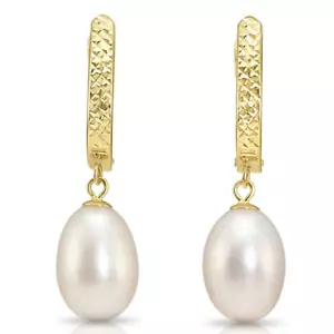 14K Real Solid Gold 12MMx8MM Natural Freshwater Pearl Dangle Drop Oval Earrings - Picture 1 of 14