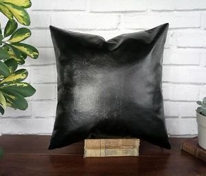 Black soft faux leather - gray poly linen pillow cover-16''x16''  - Picture 1 of 5