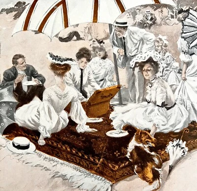 Picnic On The Beach 1908 Harrison Fisher 艺术印刷维多利亚家庭 DWBB1 — 第 1/2 张图片