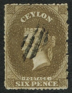 Ceylon 1861 6d Olive-Sepia SG31b Rough Perf Very Fine Used Cat. £120.00 - Picture 1 of 1