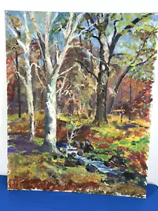 Pintura al óleo vintage del bosque de otoño, tablero de lienzo 30" x 24" ilustraciones impresionistas - Imagen 1 de 8