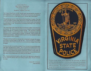 Virginia State Police Shoulder Patch on a Blue Department History Card - Picture 1 of 2
