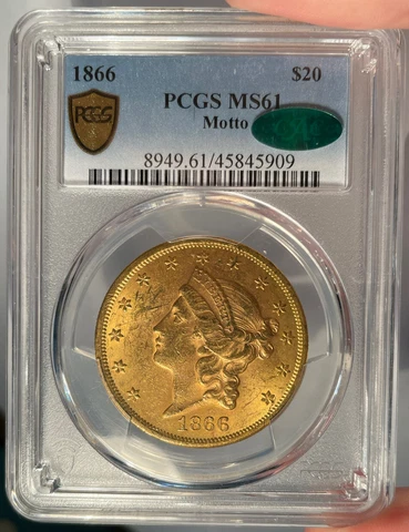 1866 $20 PCGS MS 61 CAC Liberty Gold Double Eagle - Motto Cover