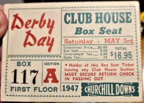 1947 KENTUCKY DERBY CLUB HOUSE TICKET STUB Cover