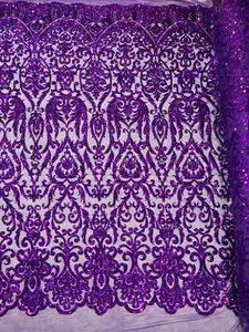 Damask Decor Sequins - Purple - 4 Way Stretch Sequin Design Fabric By Yard - Picture 1 of 4