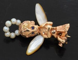 Ruser 14K gold adorable 2.9mm pearl & Blue sapphire cherub pin/brooch