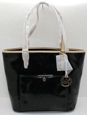 NUEVO MICHAEL KORS JET SET Bolso Grande Bolsillo a Presión Cuero Brillante MK Monograma Negro Foto 1 de 4