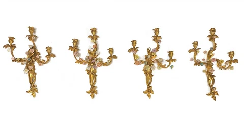 Four Louis XV Gilt Bronze and Porcelain Floral Sconces Cover