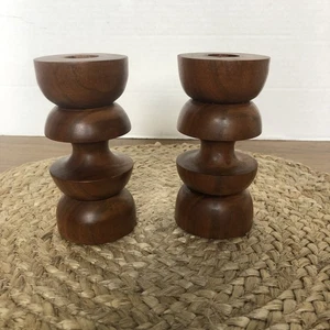 2 Vintage Turned Wooden Spindles Furniture Leg Candle Holder 5” Approx - Picture 1 of 4
